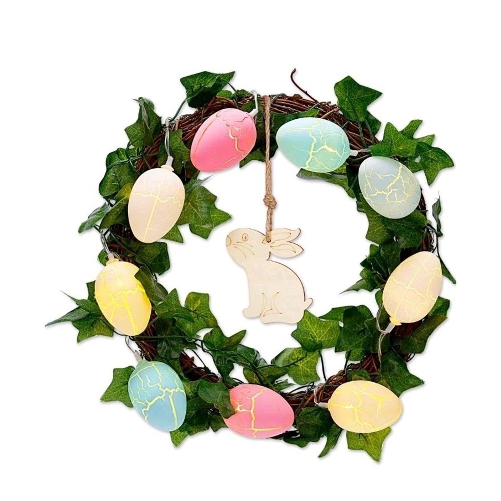 Easter Egg Wreath LED Lights Front Door Decor Bunny 9.7in Remote 8 Modes NEW